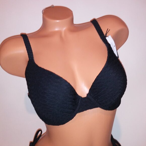 Victoria Secret Swim Bikini Top & Bottom Cheeky Black Push Up Textured String Ti - Picture 4 of 16